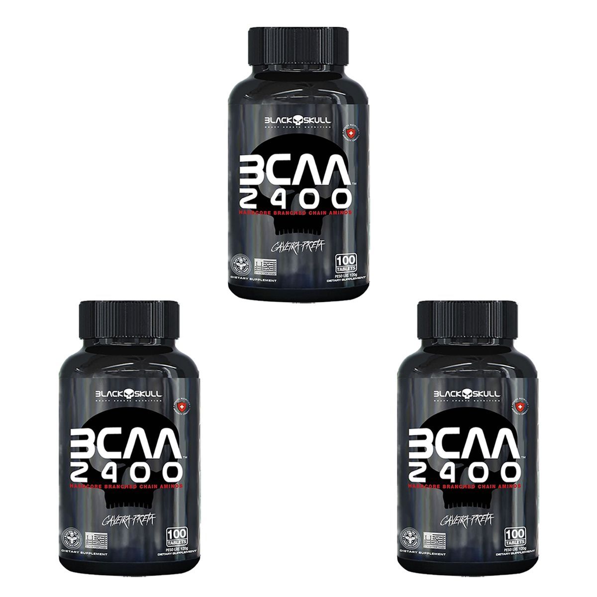 Kit 3X BCAA 2400 Caveira Preta - 100 Tabletes  - Black Skull