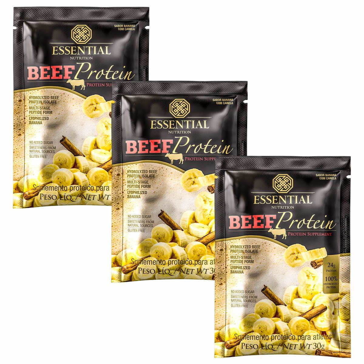 Kit 3X Beef Protein - 1 Sach� 30g Banana Com Canela - Essential Nutrition
