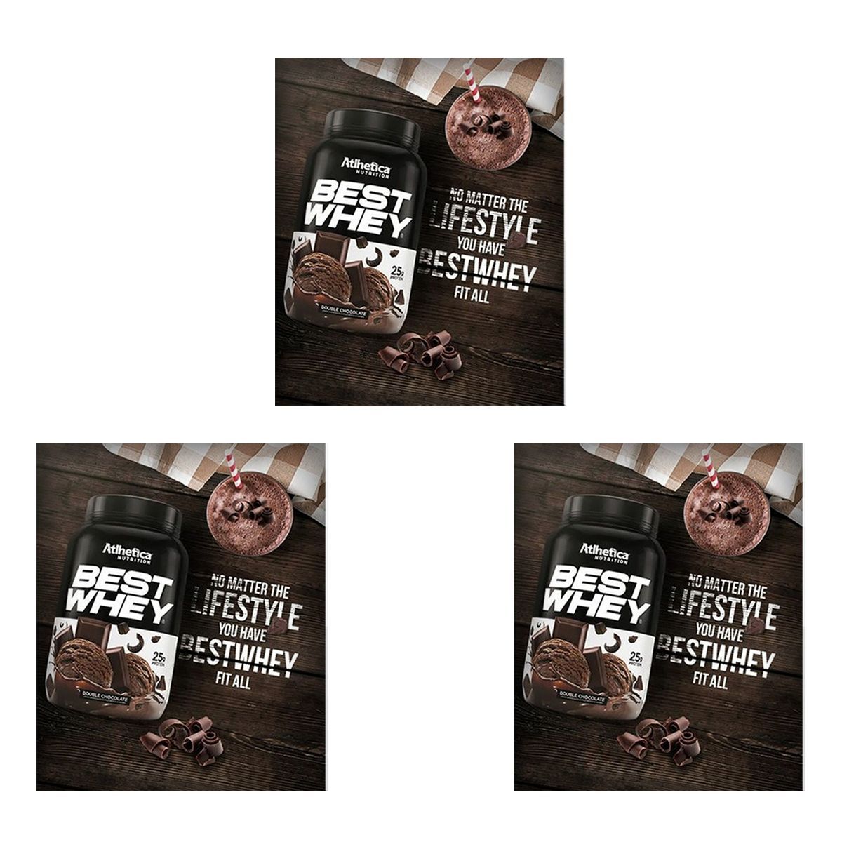 Kit 3X Best Whey - 1 sach� 40g Double Chocolate - Atlhetica Nutrition