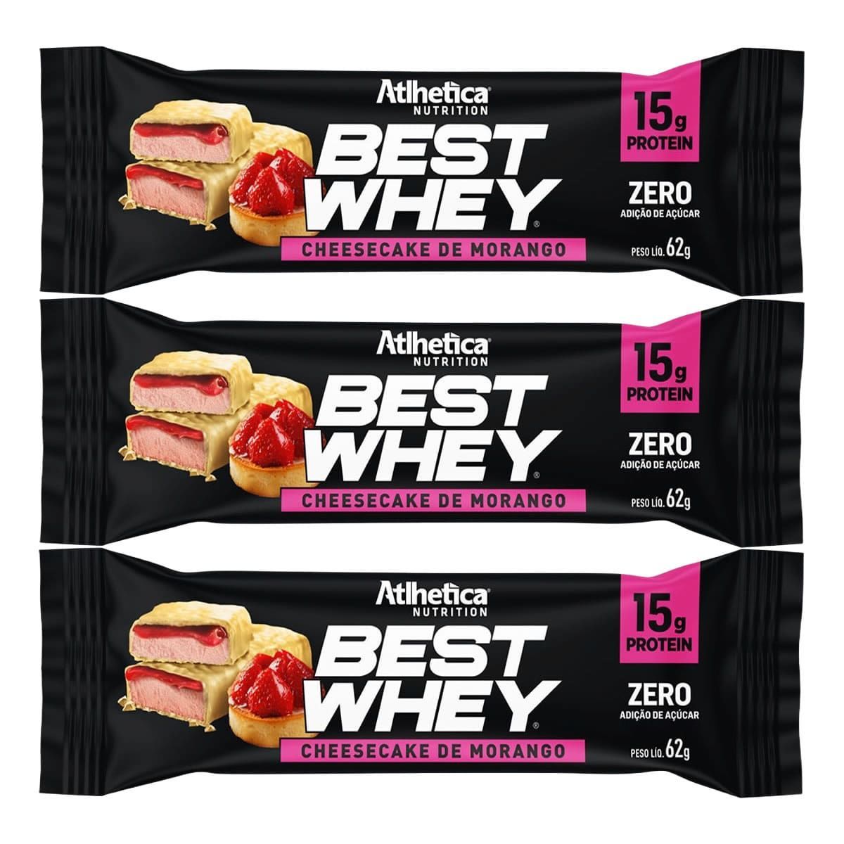 Kit 3X Best Whey Bar - 1 Unidade 62g Cheesecake de Morango Atlhetica Nutrition