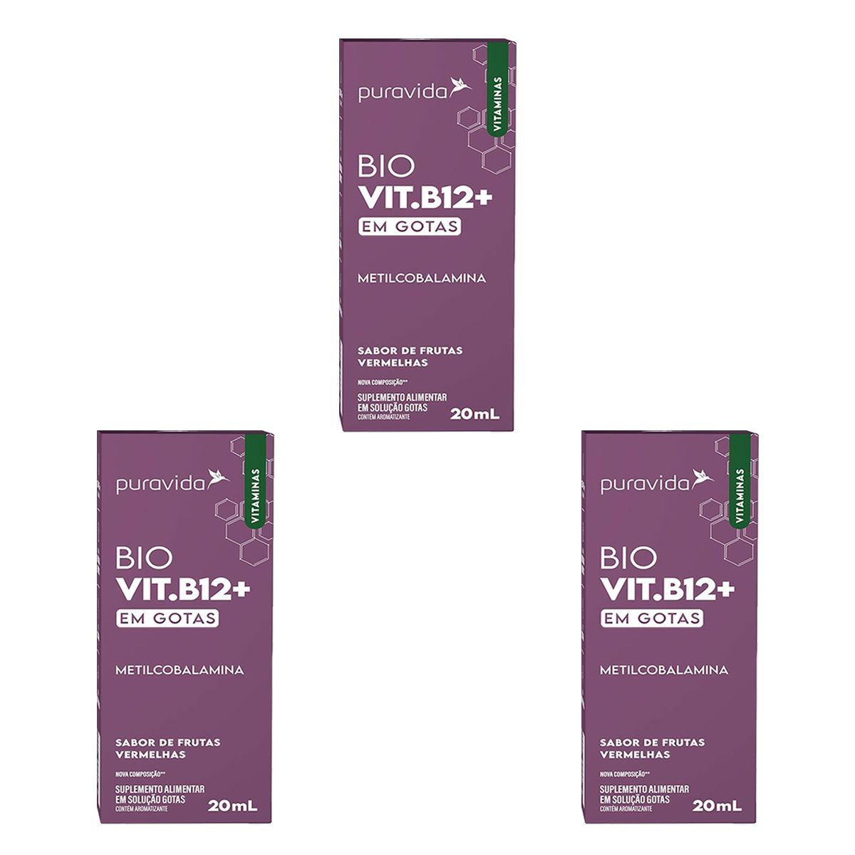 Kit 3X Bio Vit B12+ Nova Composi��o - 20ml Frutas Vermelhas - Puravida