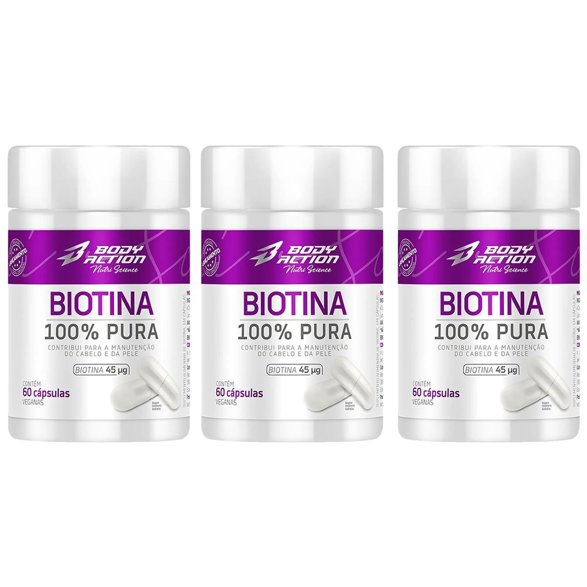 Kit 3X Biotina 100% Pura - 60 C�psulas - Body Action
