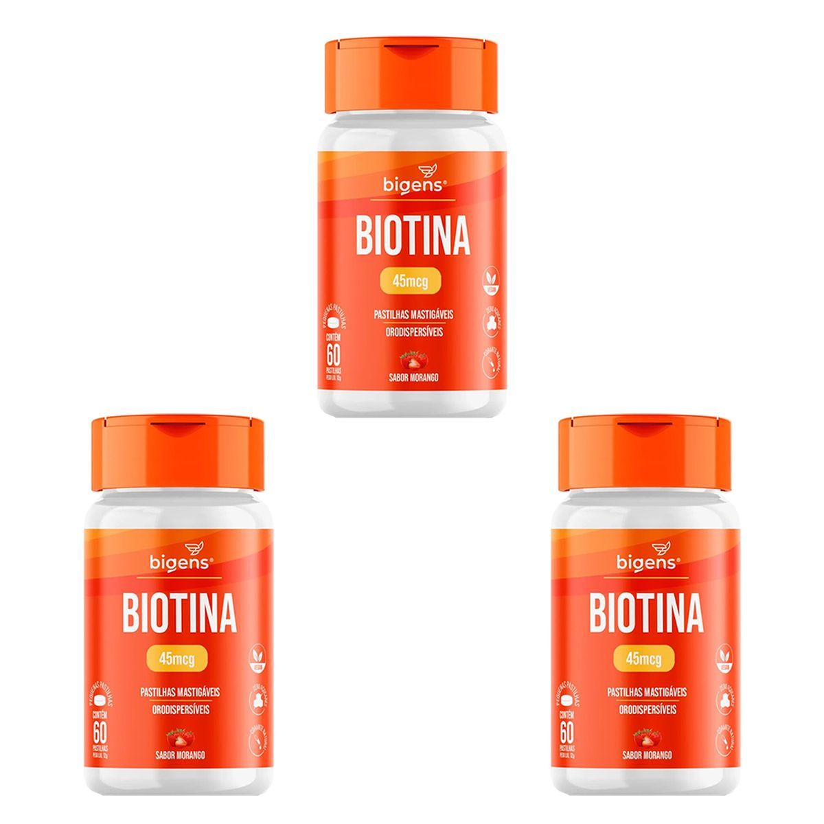 Kit 3X Biotina Mastigavel - 60 Pastilhas Morango - Bigens