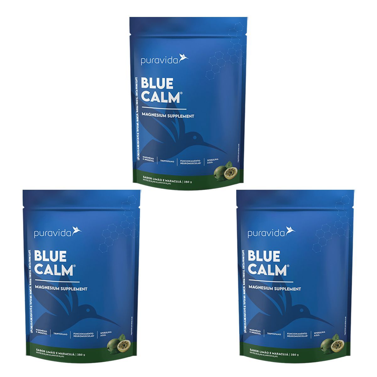 Kit 3X Blue Calm Magnesium Supplement - Refil 350g Lim�o e Maracuj� - Pura Vida