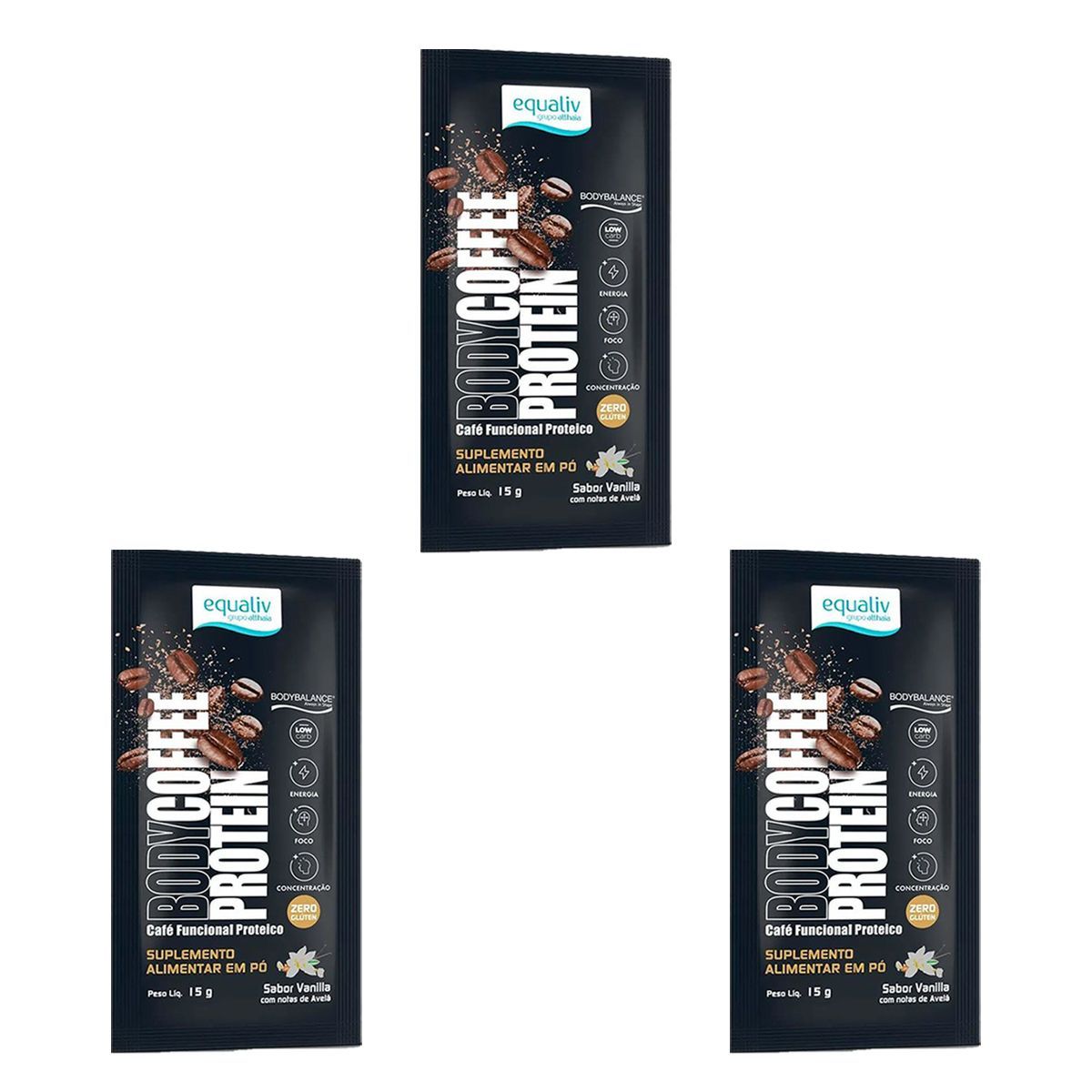Kit 3X Body Coffee Protein - 1 Sach� 15g Vanilla - Equaliv
