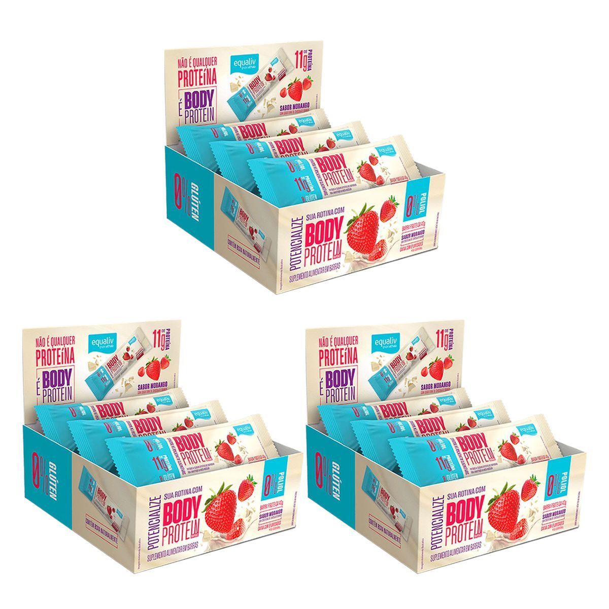 Kit 3X Body Protein Barra - 9 Unidades 40g Morango - Equaliv