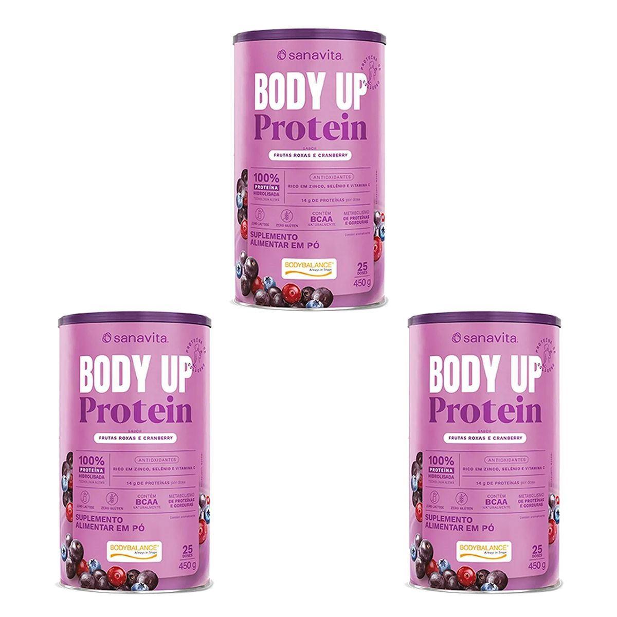 Kit 3X Body up Protein - 450g Frutas Roxas e Cranberry - Sanavita
