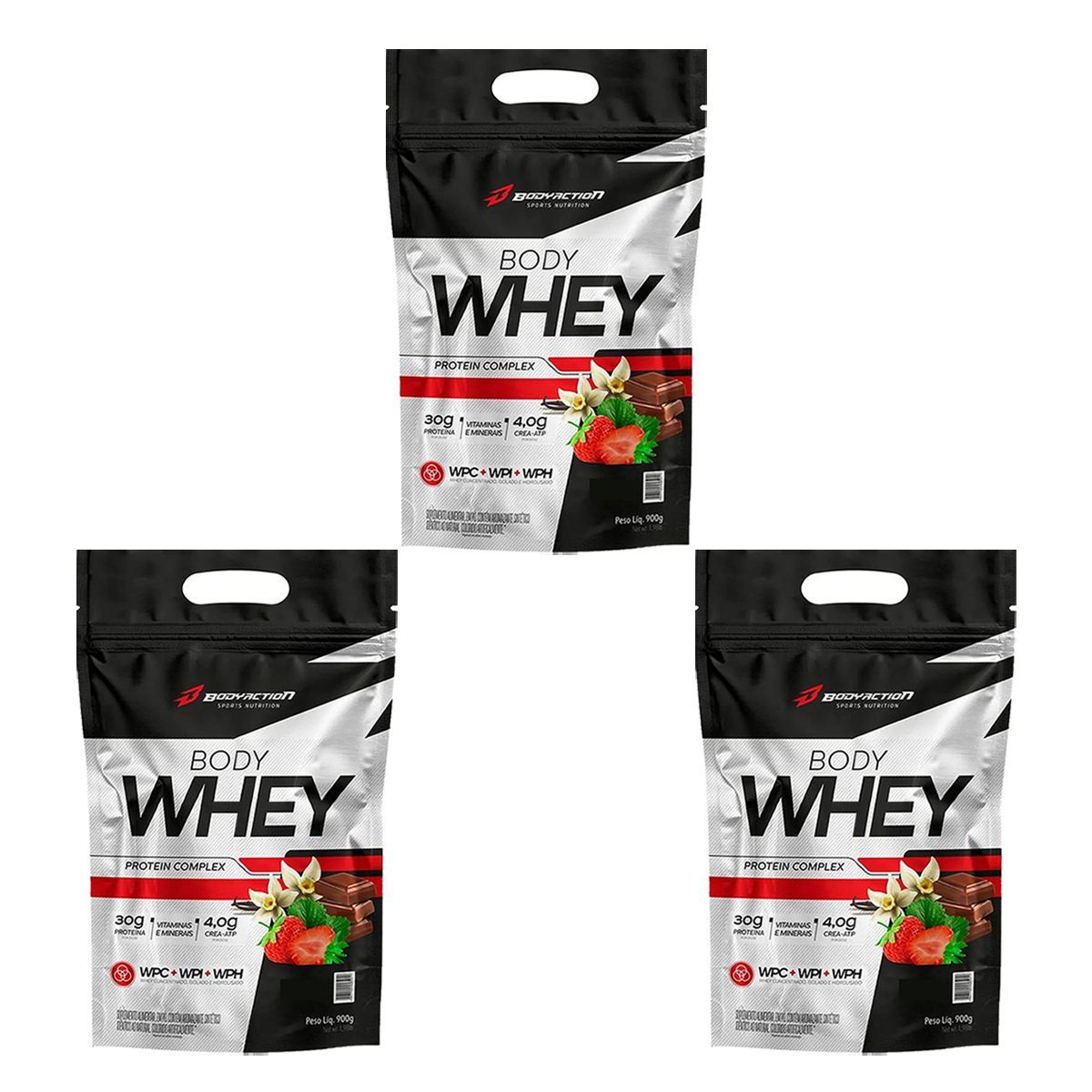 Kit 3X Body Whey - 900g Refil Baunilha - BodyAction