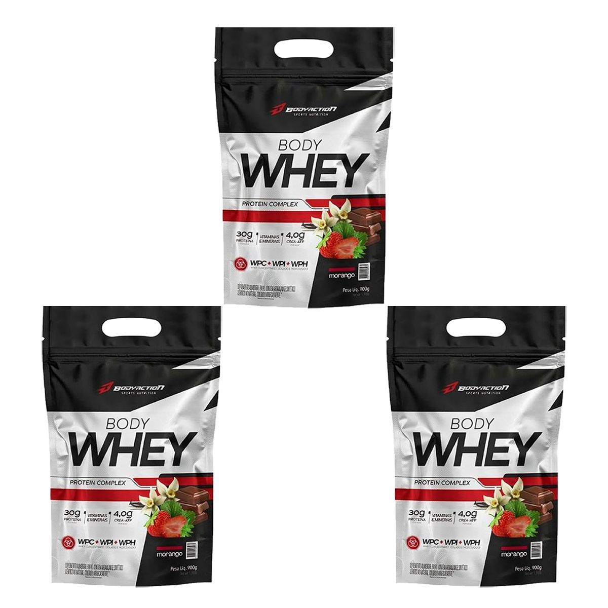 Kit 3X Body Whey - 900g Refil Morango - BodyAction