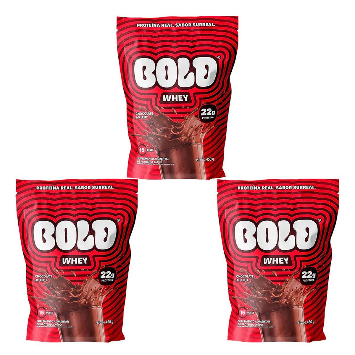 Kit 3X Bold Whey - 450g Refil Chocolate ao Leite - Bold