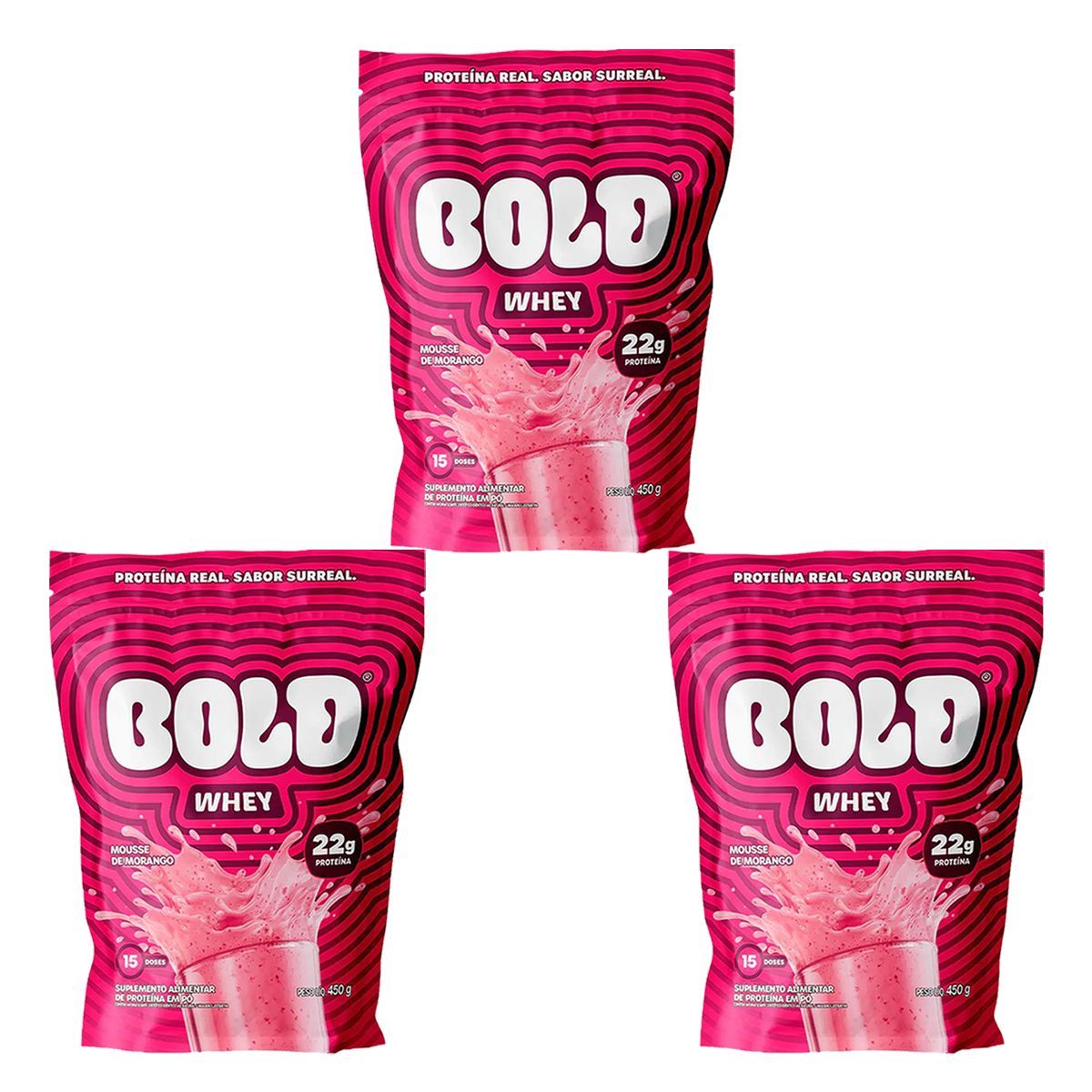 Kit 3X Bold Whey - 450g Refil Mousse de Morango - Bold