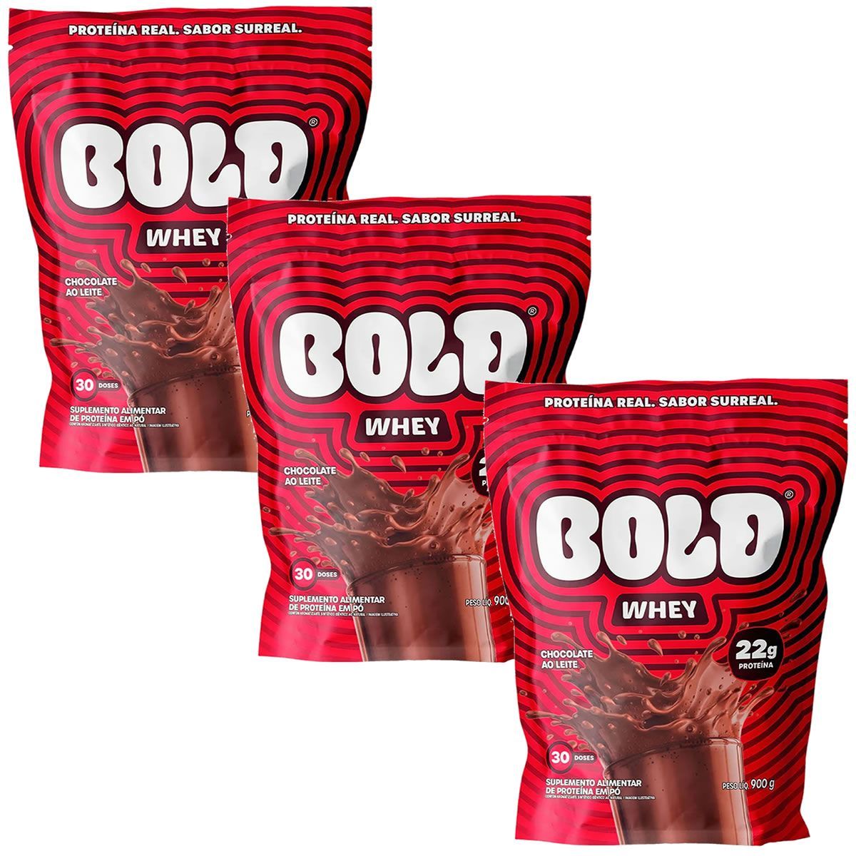 Kit 3X Bold Whey - 900g Refil Chocolate ao Leite - Bold
