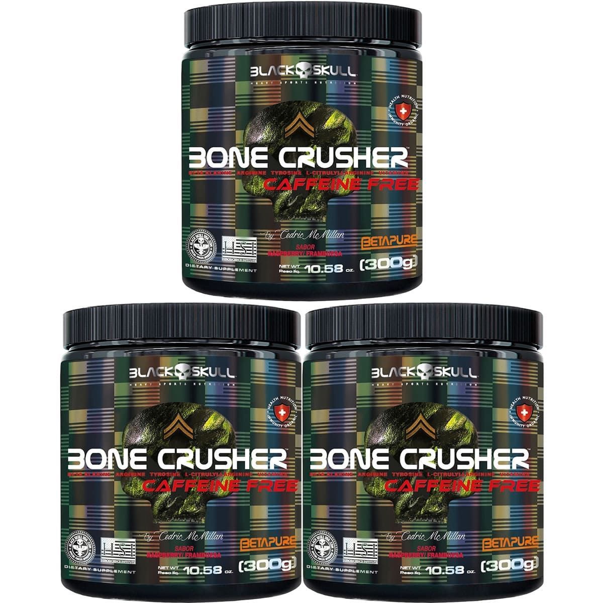 Kit 3X Bone Crusher Caffeine Free - 300g Framboesa - Black Skull