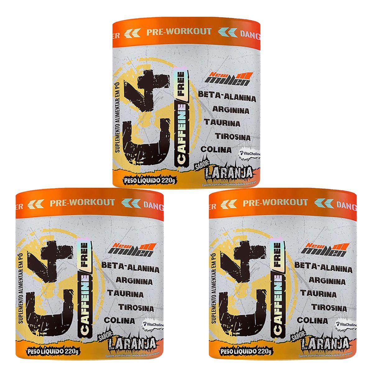 Kit 3X C4 Caffeine Free com Colina - 220g Laranja - New Millen