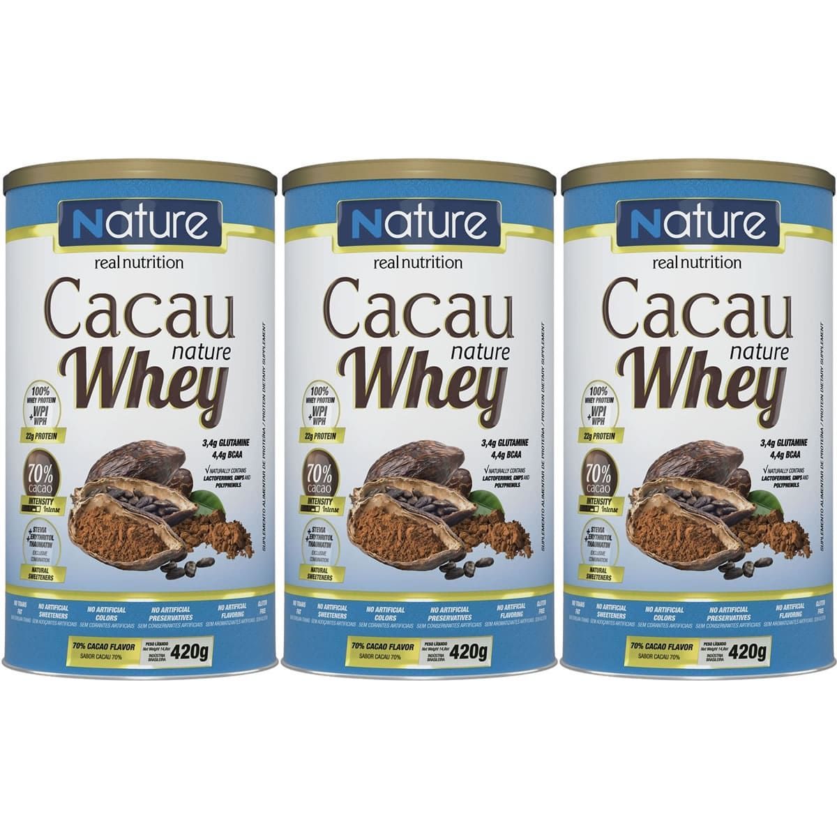 Kit 3X Cacau Nature Whey - 420g 70% Cacau - Nutrata