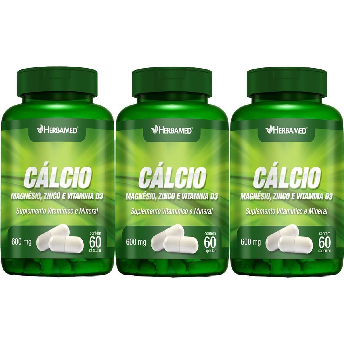 Kit 3X Calcio, Magnesio, Zinco E. Vit D3 600mg 60cps - Herbamed