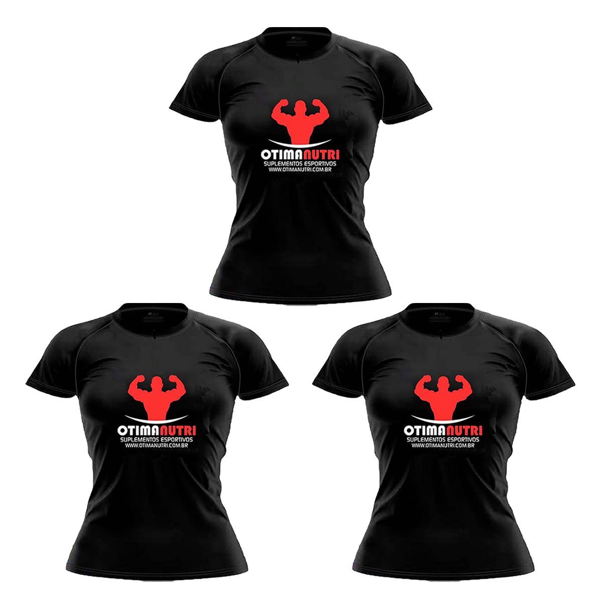 Kit 3X Camiseta Raglan Super Dry 100% Poliester  - Baby Look Preta Tam. G  - OtimaNutri