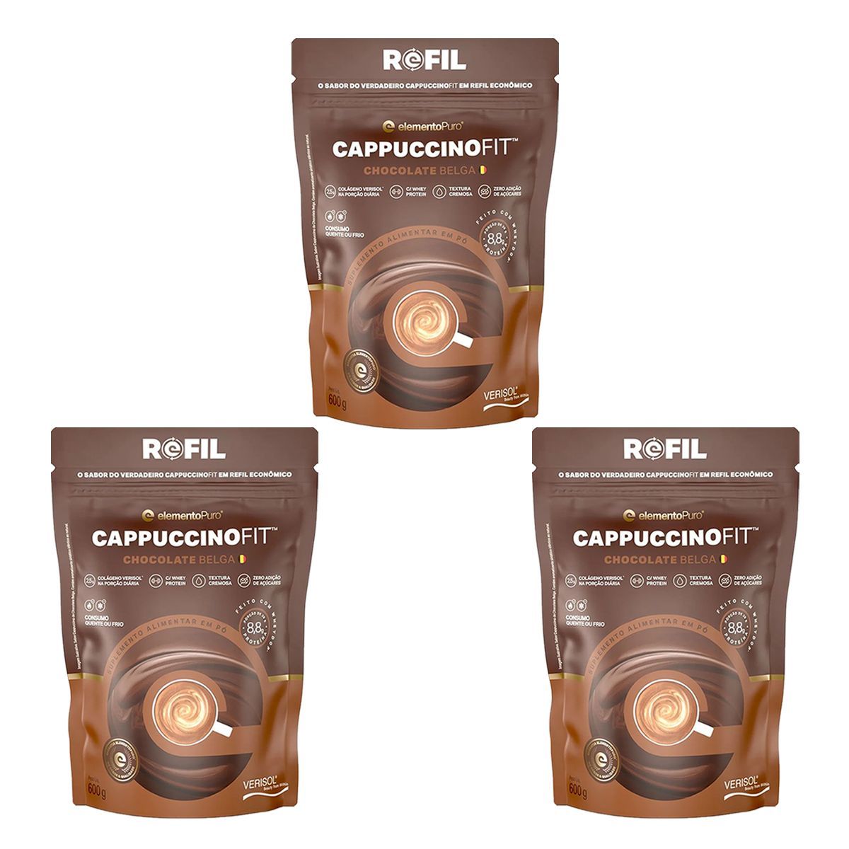 Kit 3X CappuccinoFit - 600g Refil Chocolate Belga - ElementoPuro