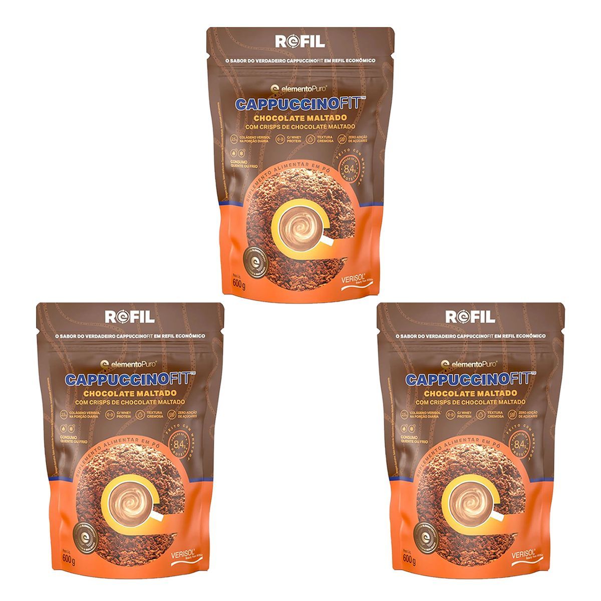 Kit 3X CappuccinoFit - 600g Refil Chocolate Maltado - ElementoPuro