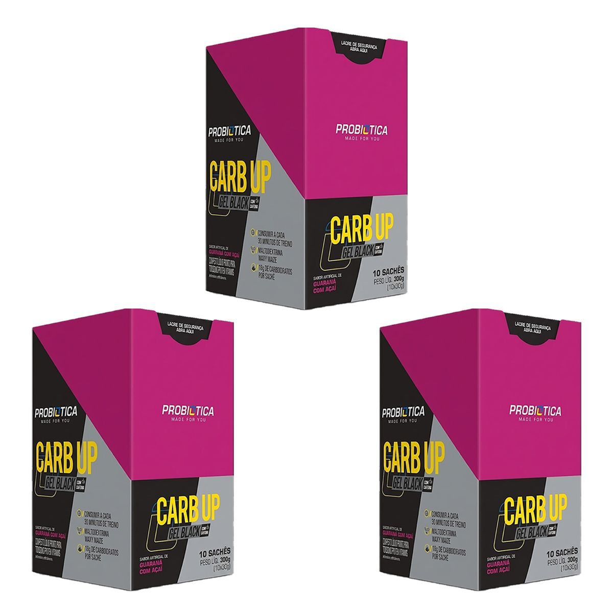 Kit 3X Carb Up Gel Black - 10 Sach�s 30g Guaran� com A�a� - Probi�tica