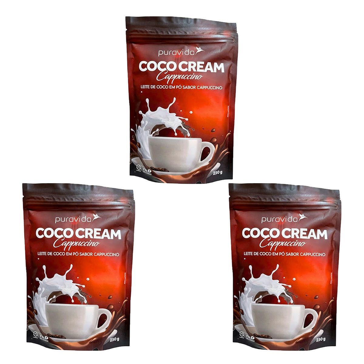 Kit 3X Coco Cream Leite de Coco em P� - 250g Cappuccino - Puravida