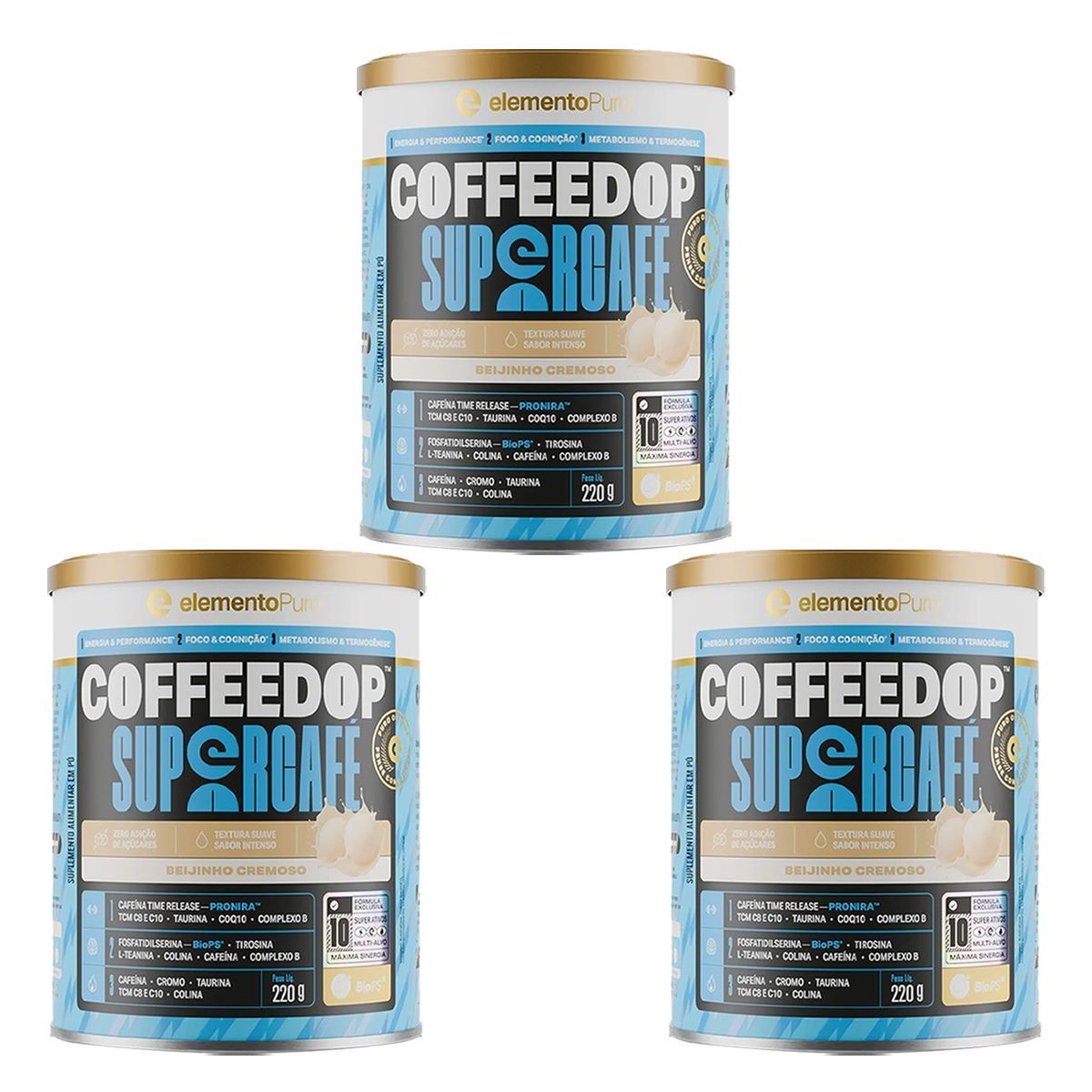 Kit 3X CoffeeDop SuperCaf� - 220g Beijinho - ElementoPuro