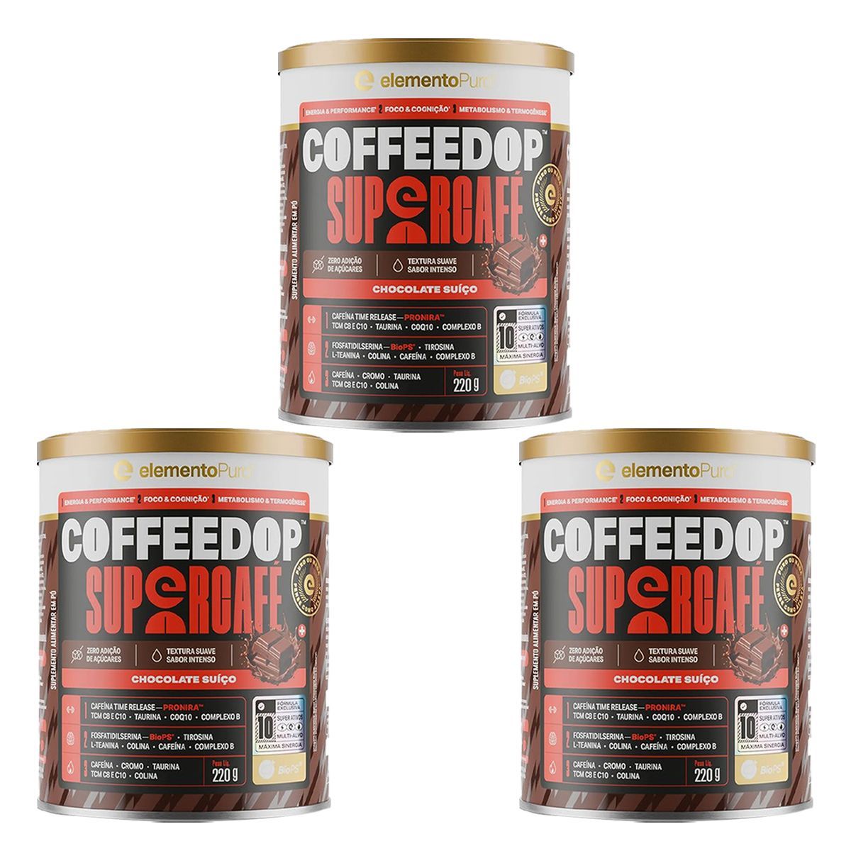 Kit 3X CoffeeDop SuperCaf� - 220g Chocolate Su��o - ElementoPuro