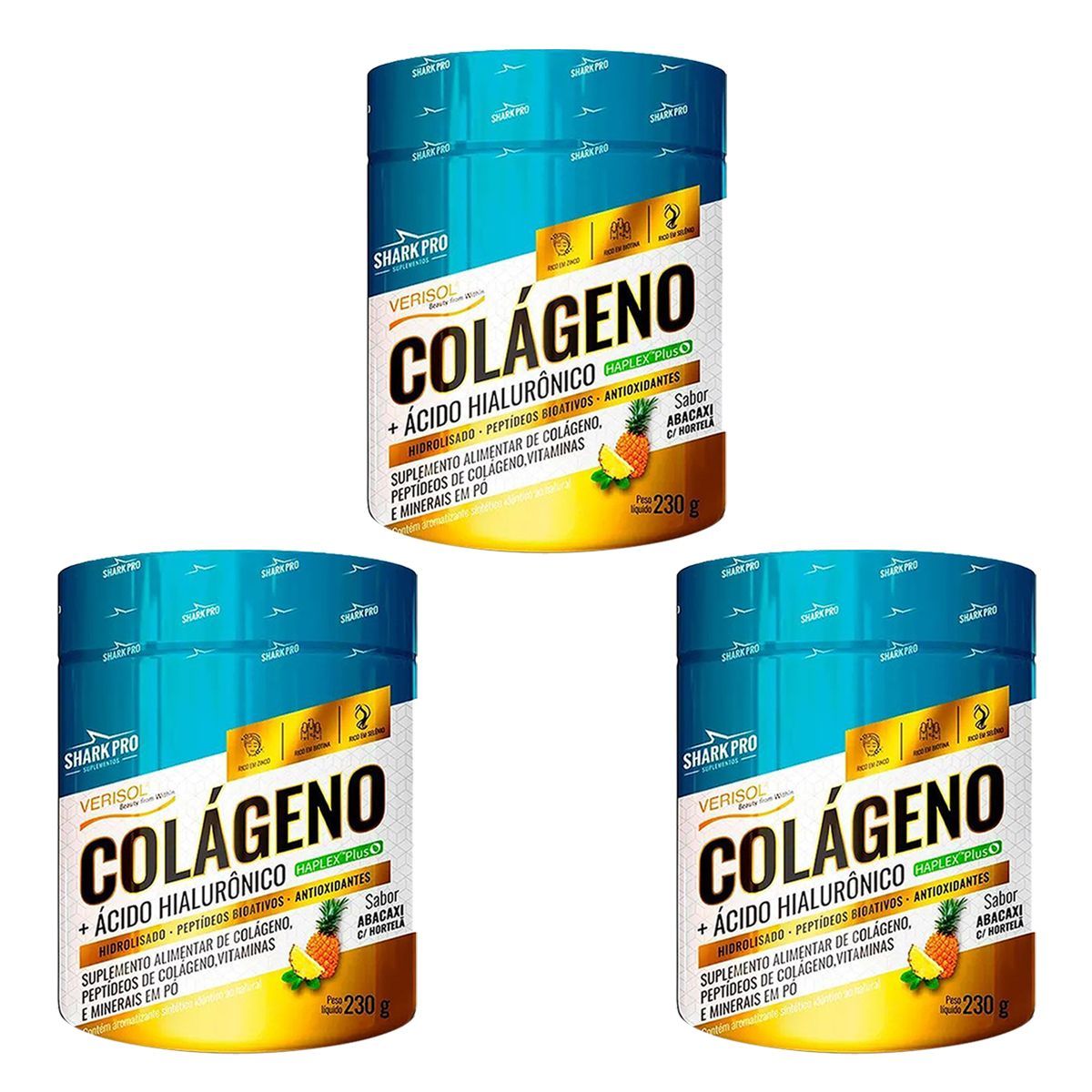 Kit 3X Col�geno + �cido Hialur�nico - 230g Abacaxi Com Hortel� - Shark Pro