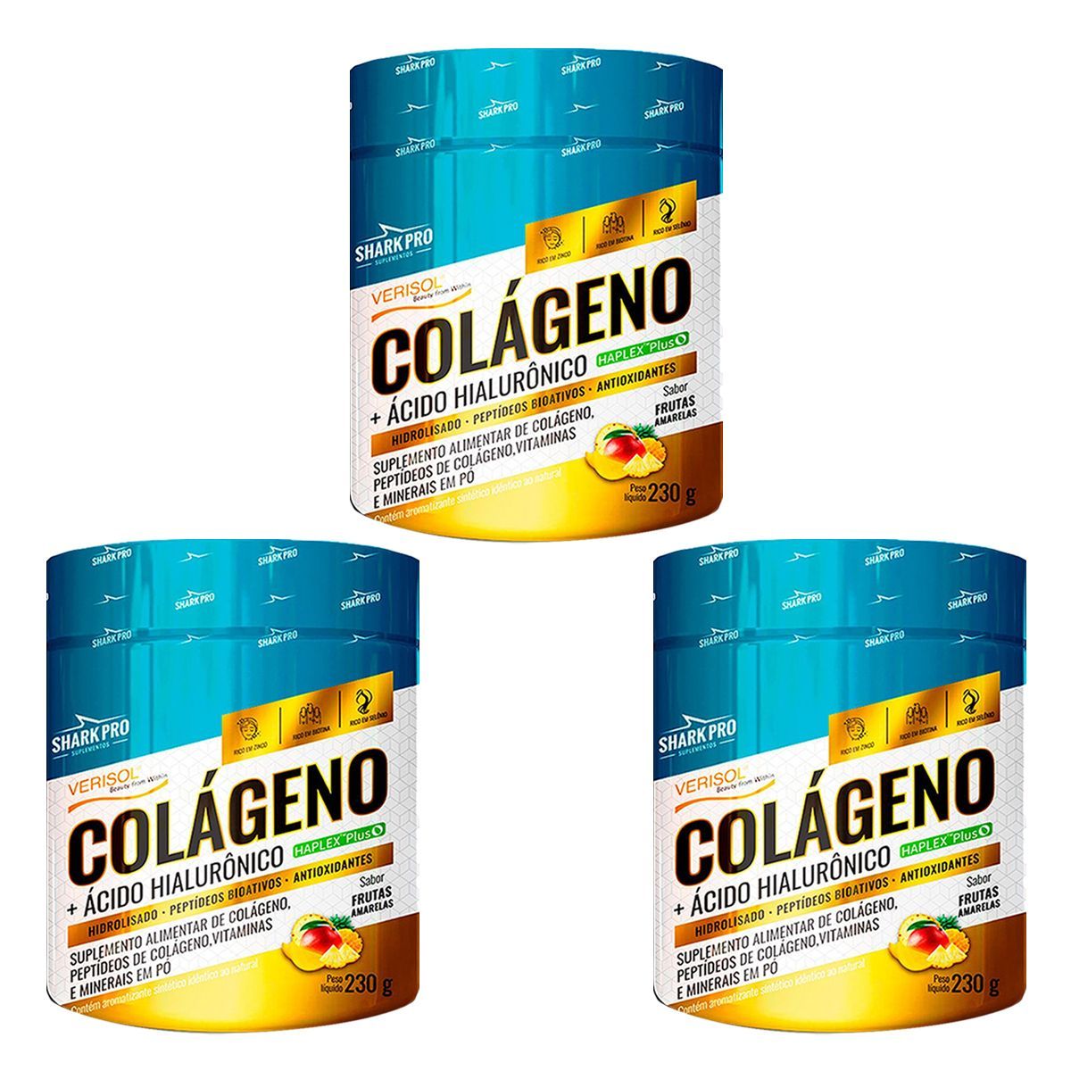 Kit 3X Col�geno + �cido Hialur�nico - 230g Frutas Amarelas - Shark Pro
