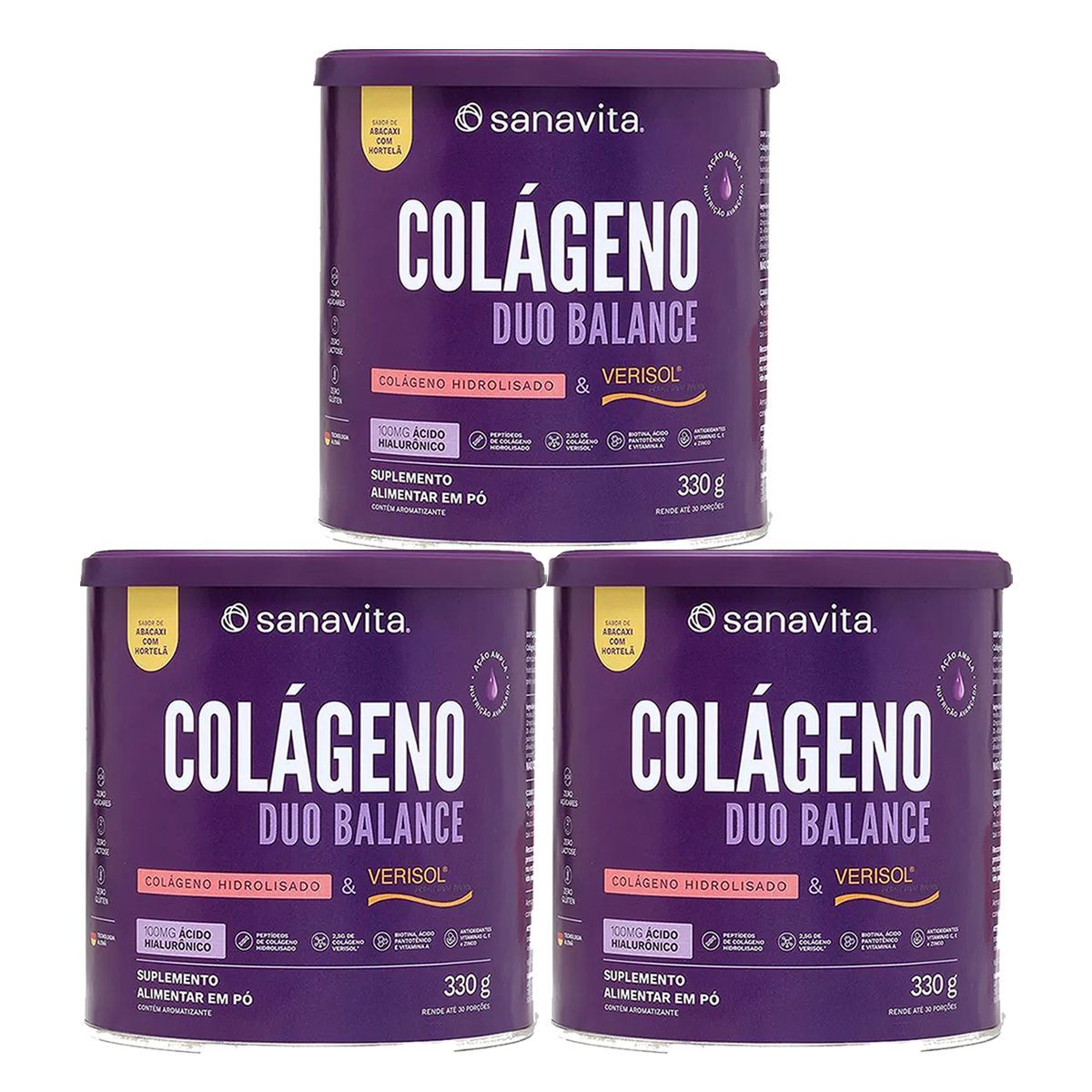 Kit 3X Col�geno Duo Balance - 330g Abacaxi com Hortel� - Sanavita