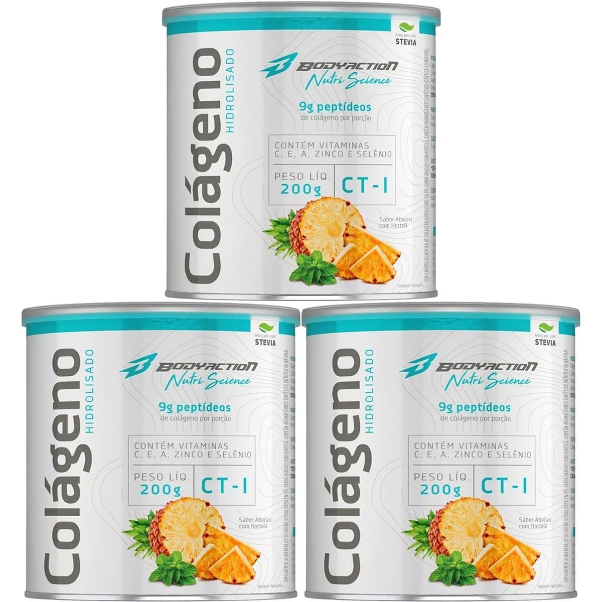 Kit 3X Col�geno Hidrolisado Nutri Science - 200g Abacaxi com Hortel� - BodyAction