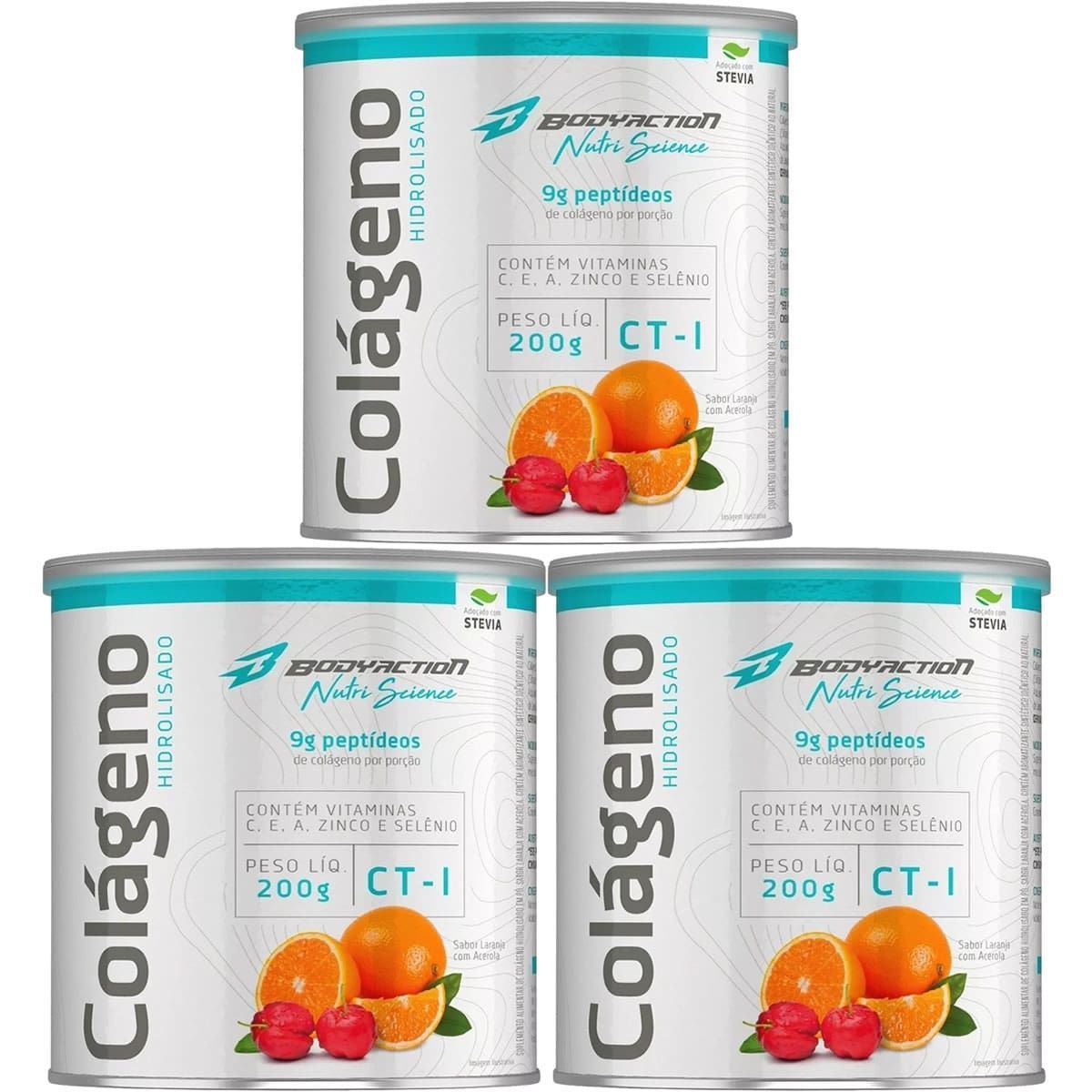 Kit 3X Col�geno Hidrolisado Nutri Science - 200g Laranja com Acerola - BodyAction