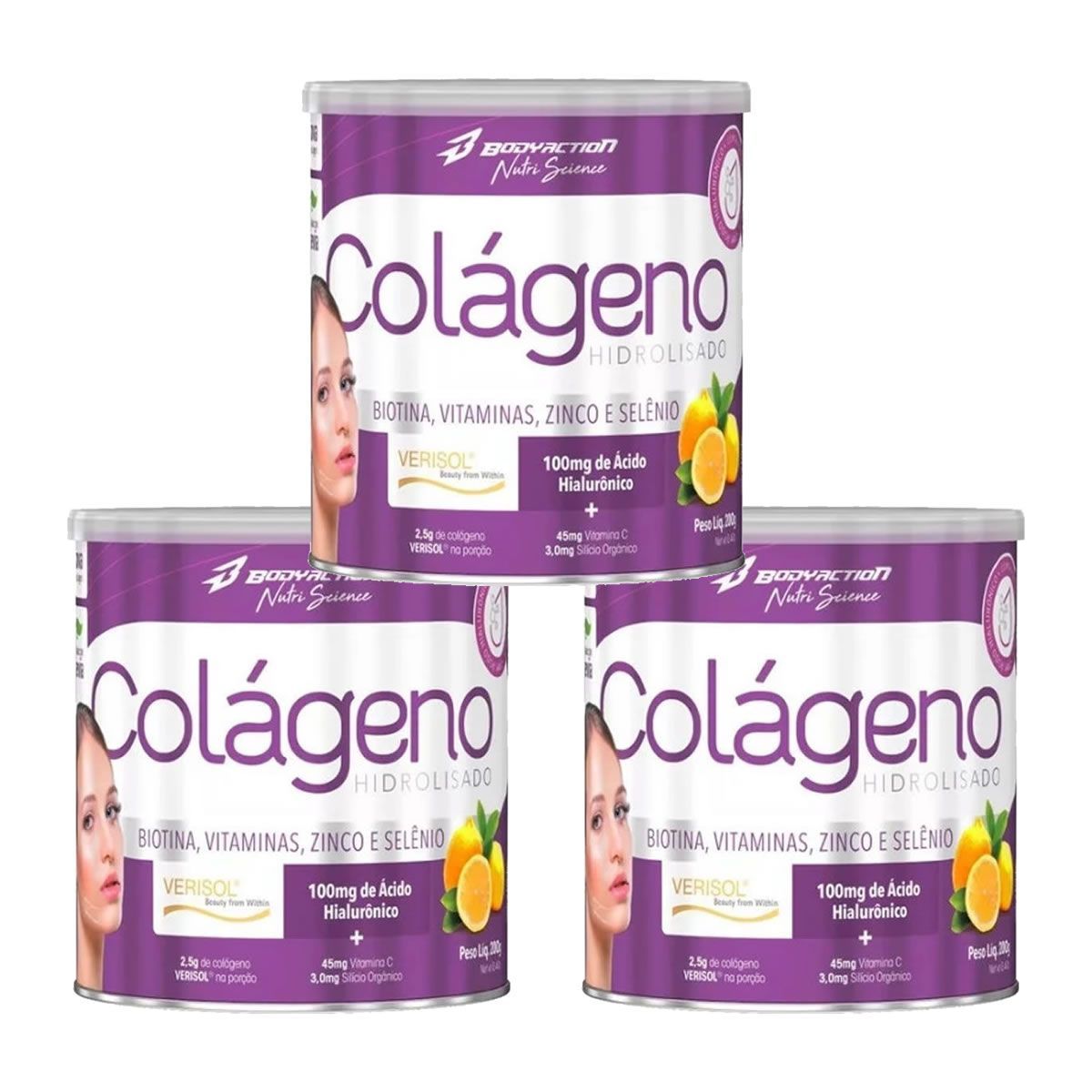 Kit 3X Col�geno Hidrolisado Nutri Science - 200g Lim�o com Clorofila - BodyAction