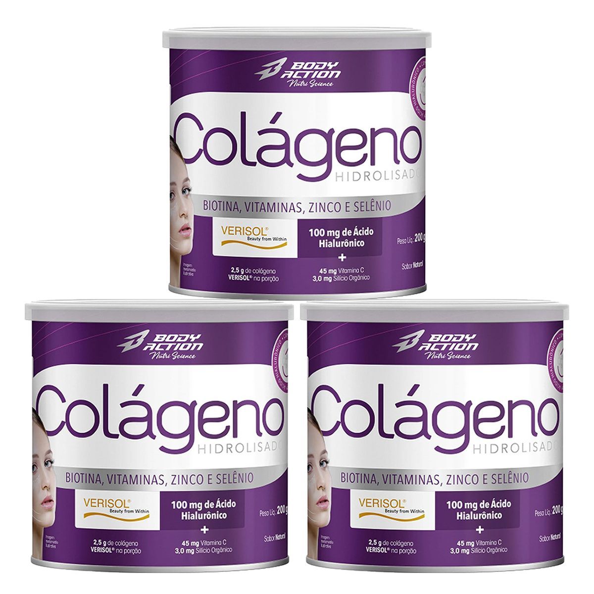 Kit 3X Col�geno Hidrolisado Nutri Science - 200g Natural - BodyAction