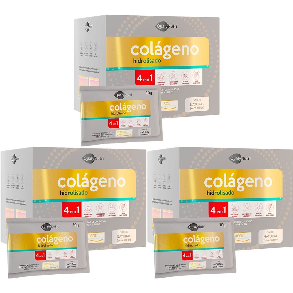 Kit 3X Col�geno Hidrolisado Verisol 4x1 - 30 Sach�s Natural - QualyNutri