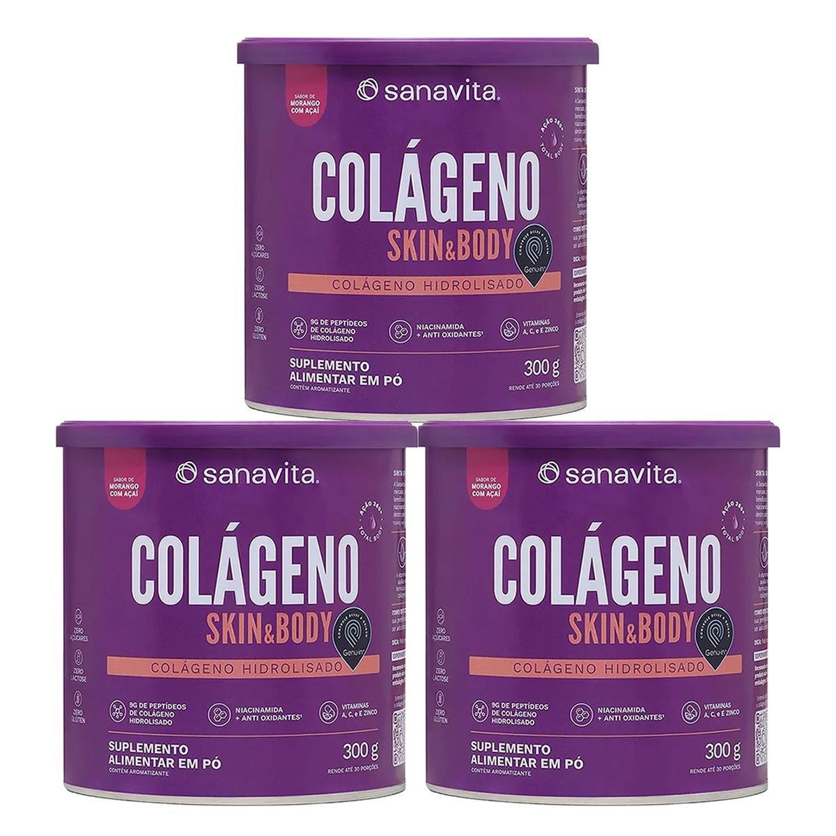 Kit 3X Col�geno Skin - 200g Morango Com A�a� - Sanavita