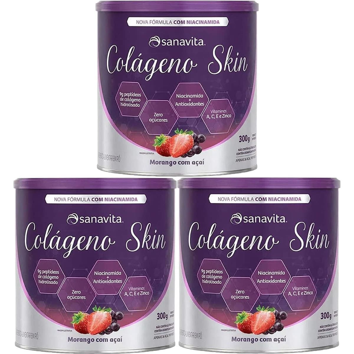 Kit 3X Col�geno Skin - 300g Morango Com A�a� - Sanavita