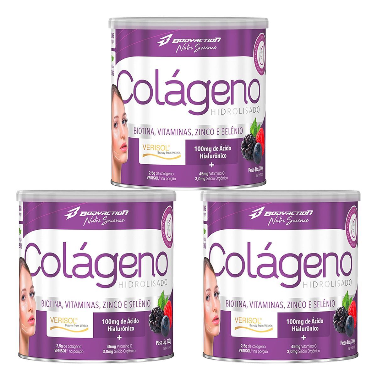 Kit 3X Col�geno Verisol Com Hialur�nico - 200g Frutas Vermelhas - BodyAction