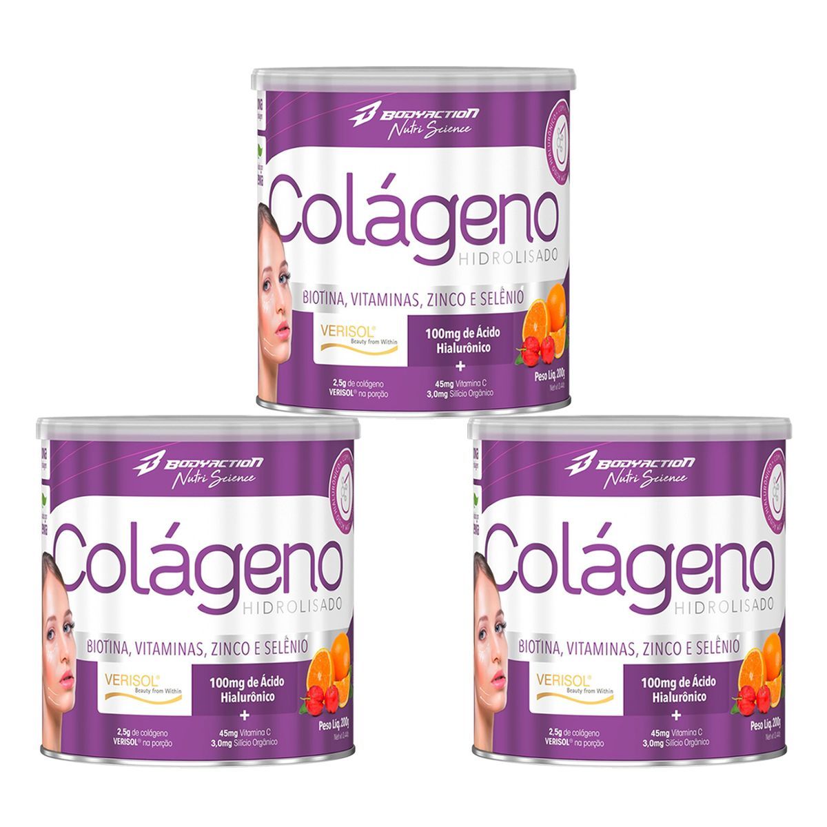 Kit 3X Col�geno Verisol Com Hialur�nico - 200g Laranja com Acerola - BodyAction