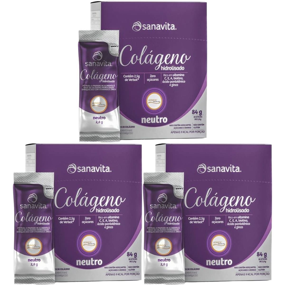 Kit 3X Col�geno Verisol Hidrolisado - 30 Sticke de 2,8g Neutro - Sanavita