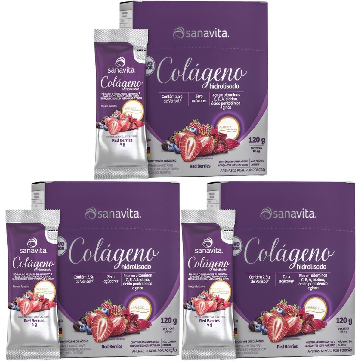 Kit 3X Col�geno Verisol Hidrolisado - 30 Sticke de 4g Red Berries - Sanavita