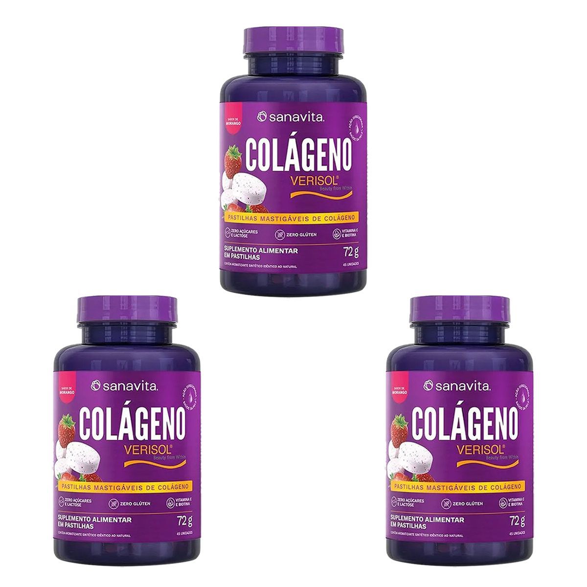 Kit 3X Col�geno Verisol Mastig�vel - 45 Pastilhas Morango - Sanavita