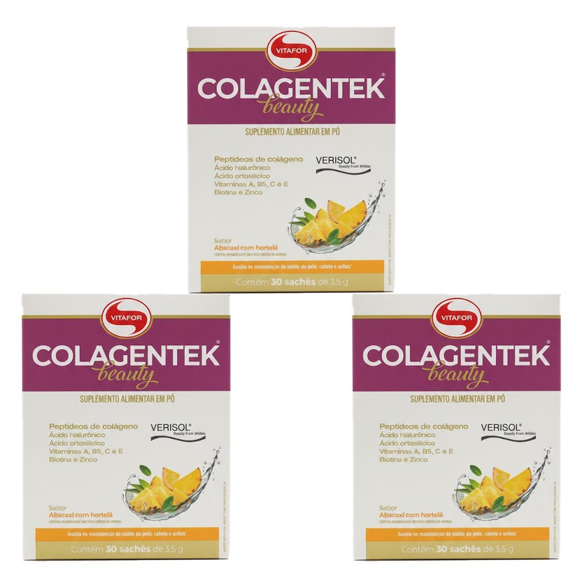 Kit 3X Colagentek Beauty Verisol - 30 Sach�s 3,5g Abacaxi com Hortel� - Vitafor