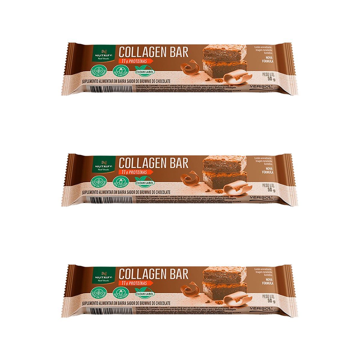 Kit 3X Collagen Bar - 50g Brownie de Chocolate - NutriFy