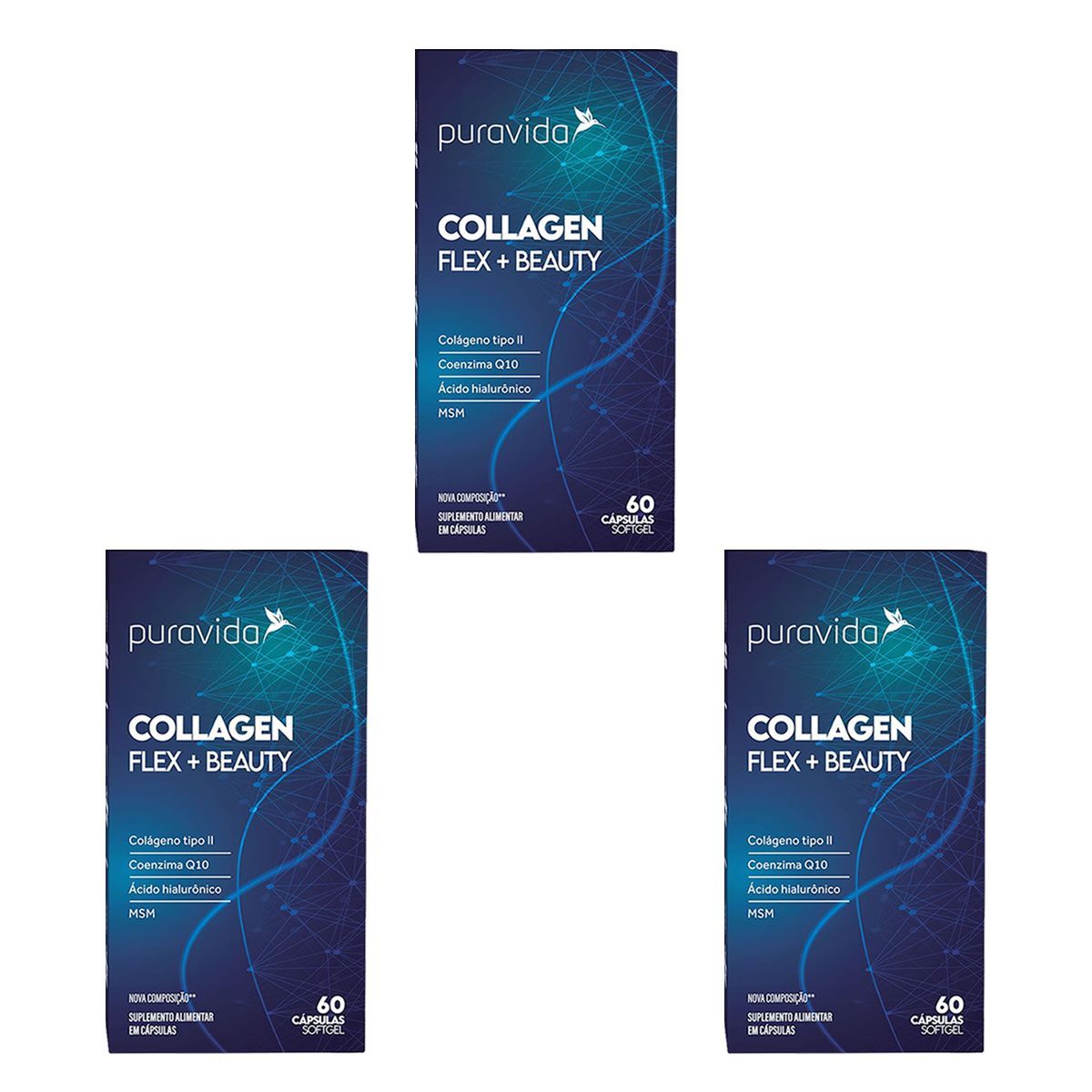 Kit 3X Collagen Flex + Beauty - 60 C�psulas Softgel - Puravida