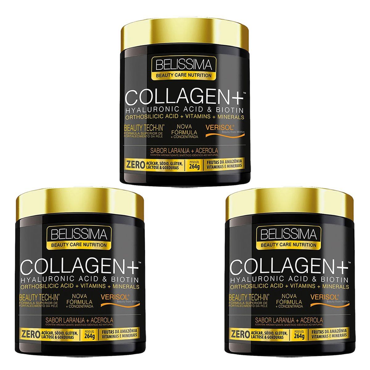 Kit 3X Collagen Plus Belissima - 264g Laranja Com Acerola - Black Skull