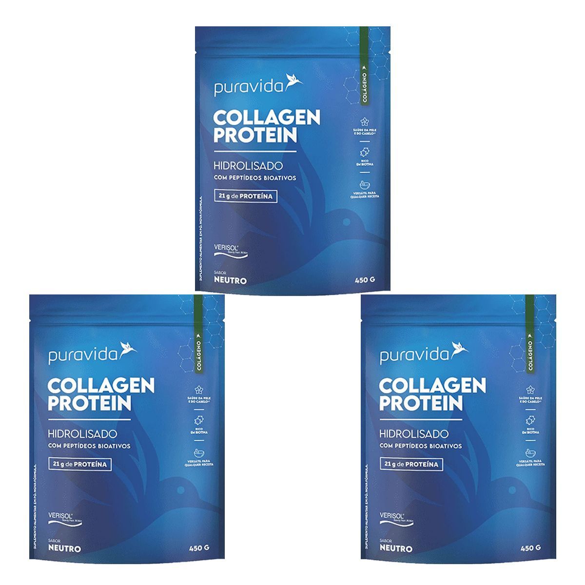 Kit 3X Collagen Protein - 450g Neutro - Puravida