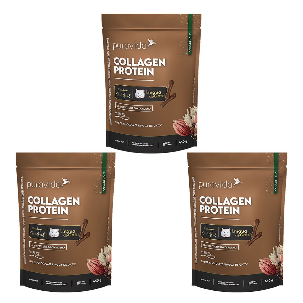 Kit 3X Collagen Protein - Refil 450g Lingua de Gato - Puravida