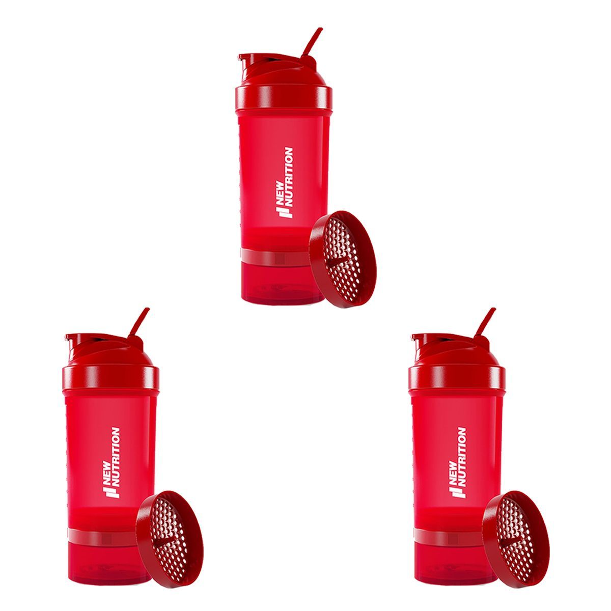 Kit 3X Coqueteleira 3 Partes - 500ml Vermelho - NewNutrition