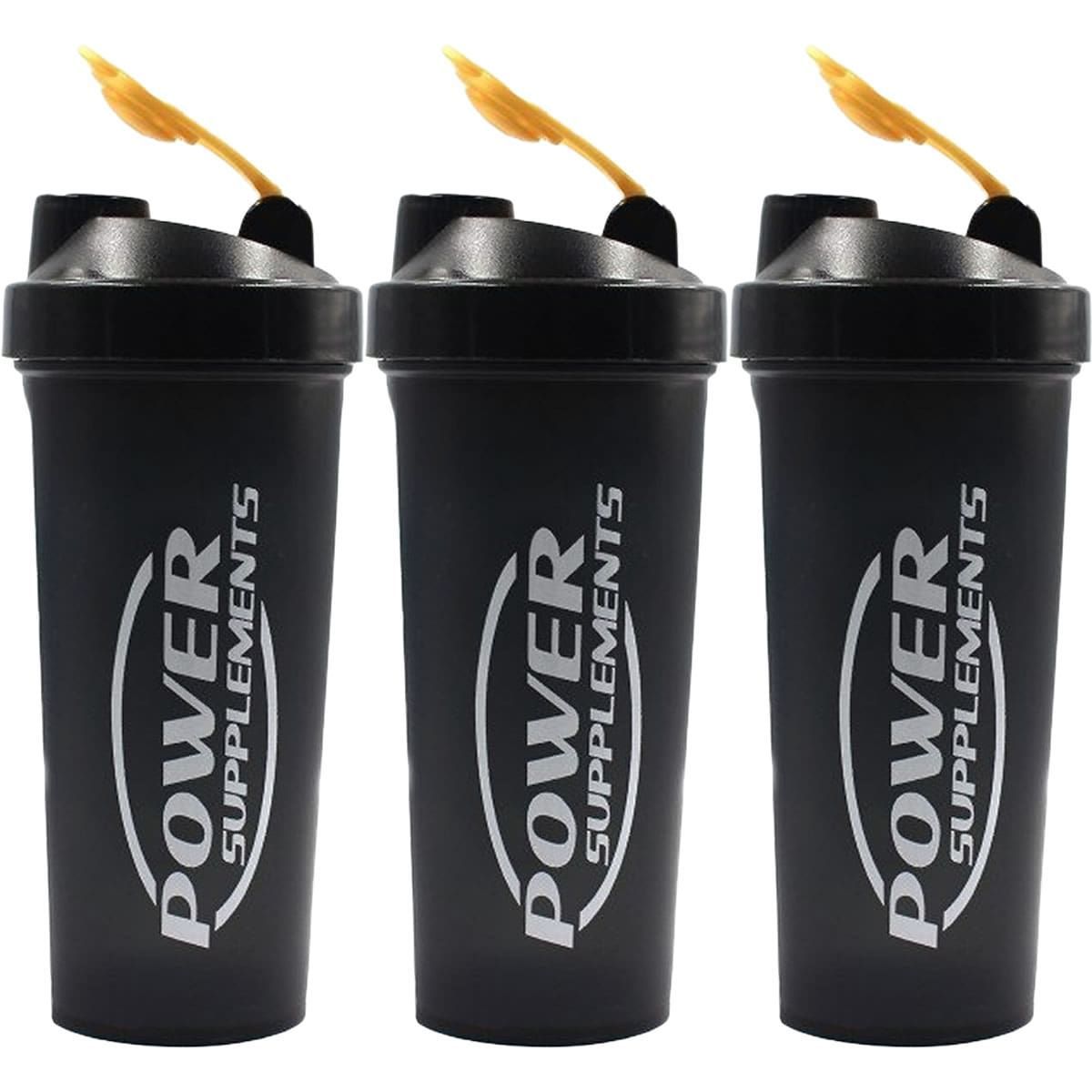 Kit 3X Coqueteleira - 600ml Preta Tampa Dourada - Power Supplements